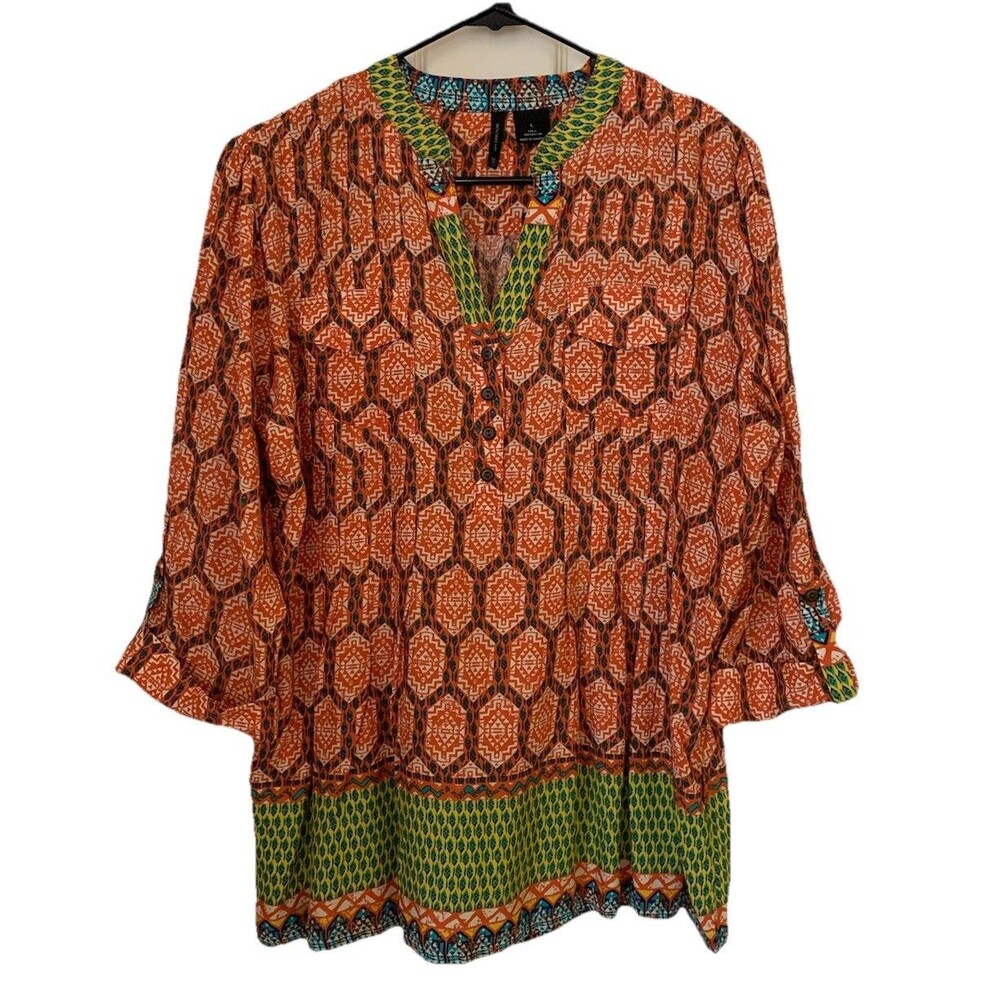New Directions Womens Large Top Tunic Blouse Orange Green Boho Roll Tab Sleeve